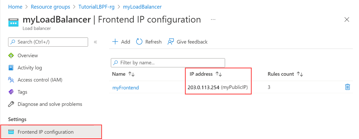 Schermopname van openbaar IP-adres in Azure Portal.