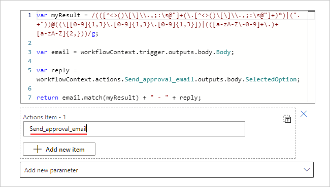 Schermopname van het vak Actiesitem -1 en de JSON-naam van de actie.