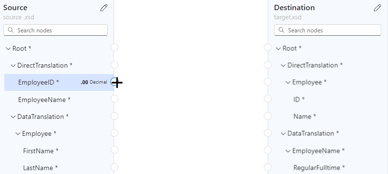 Schermopname van de gegevenstoewijzing en het starten van een toewijzing tussen EmployeeID en ID in respectievelijk het bron- en doelschema.