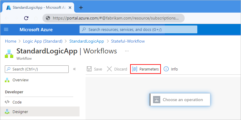 Schermopname van Azure Portal, designer voor Standaardwerkstroom en Parameters op de werkbalk van de ontwerpfunctie geselecteerd.