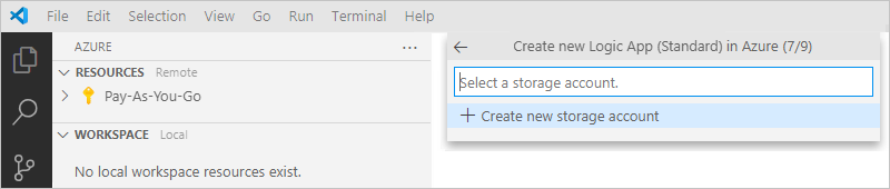 Schermopname van het deelvenster Logic Apps (Standaard) en een prompt om een opslagaccount te maken of te selecteren.