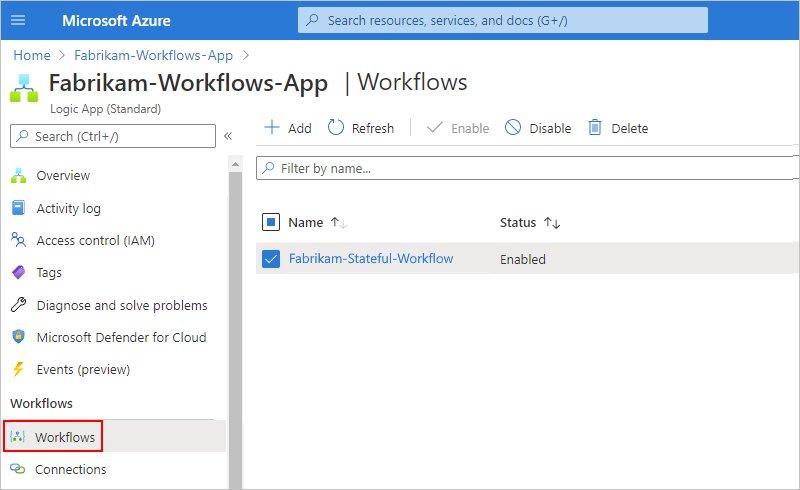 Schermopname van de resourcepagina van uw logische app met het geopende deelvenster Werkstromen en werkstromen.
