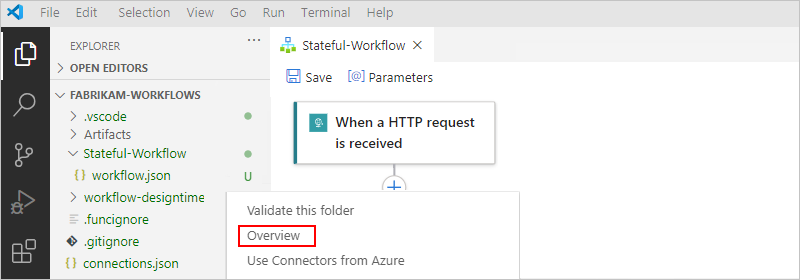 Schermopname van het deelvenster Explorer, workflow.json snelmenu met de geselecteerde optie Overzicht.