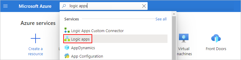 Schermopname van het zoekvak van Azure Portal met logische apps als zoektekst.