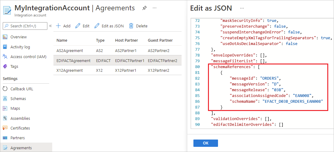 Schermopname van Azure Portal met de sectie sendAgreement van een EDIFACT-overeenkomst in de JSON-editor en de sectie schemaReferences is gemarkeerd.