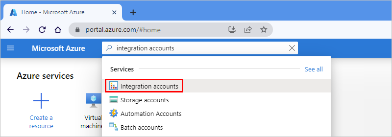 Schermopname van het zoekvak van Azure Portal met Integratieaccounts ingevoerd en Integratieaccounts geselecteerd.