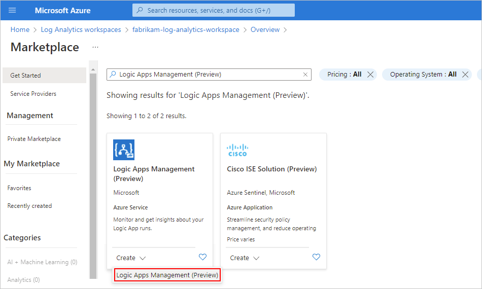 Schermopname van Azure Portal, de pagina Marketplace, de tegel Logic Apps Management, met de lijst Maken geopend en Logic Apps Management (preview) geselecteerd.