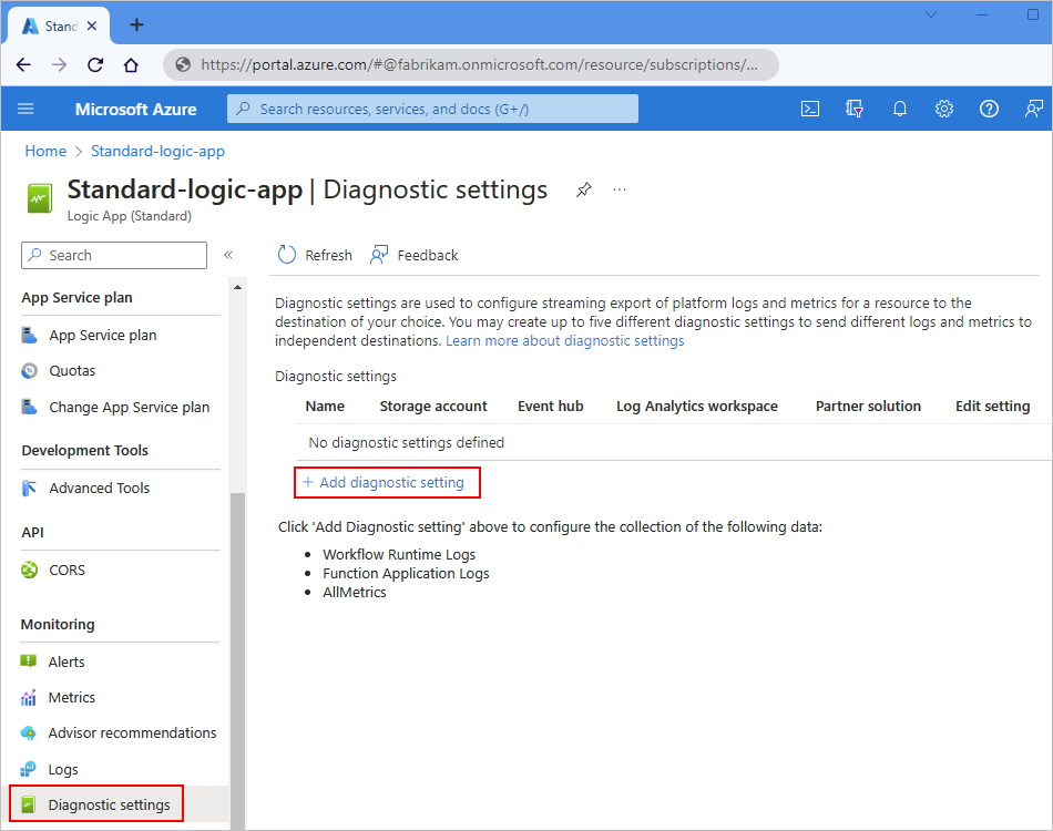 Schermopname van Azure Portal, resourcemenu van de standaard logische app met Diagnostische instellingen geselecteerd en vervolgens Diagnostische instelling toevoegen geselecteerd.