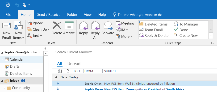 Schermopname van een voorbeeld van een Outlook-e-mail die is verzonden voor elk nieuw RSS-item