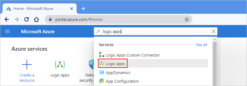 Schermopname van het zoekvak van Azure Portal met de zoekterm 'logische apps' en de categorie 'Logische apps' geselecteerd.