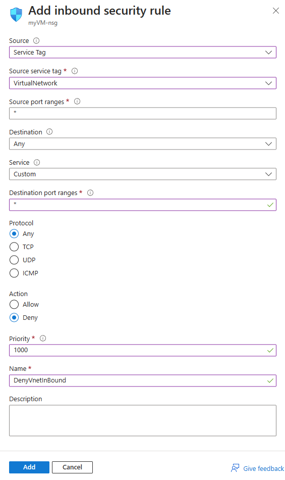 Schermopname die laat zien hoe u een inkomende beveiligingsregel toevoegt aan de netwerkbeveiligingsgroep in Azure Portal.