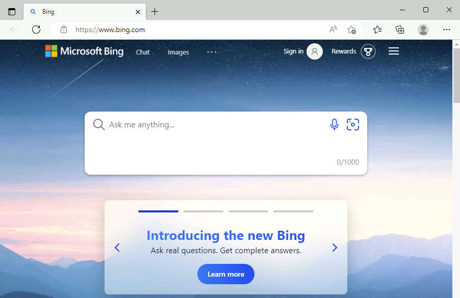 Schermopname van bing-pagina in een webbrowser.