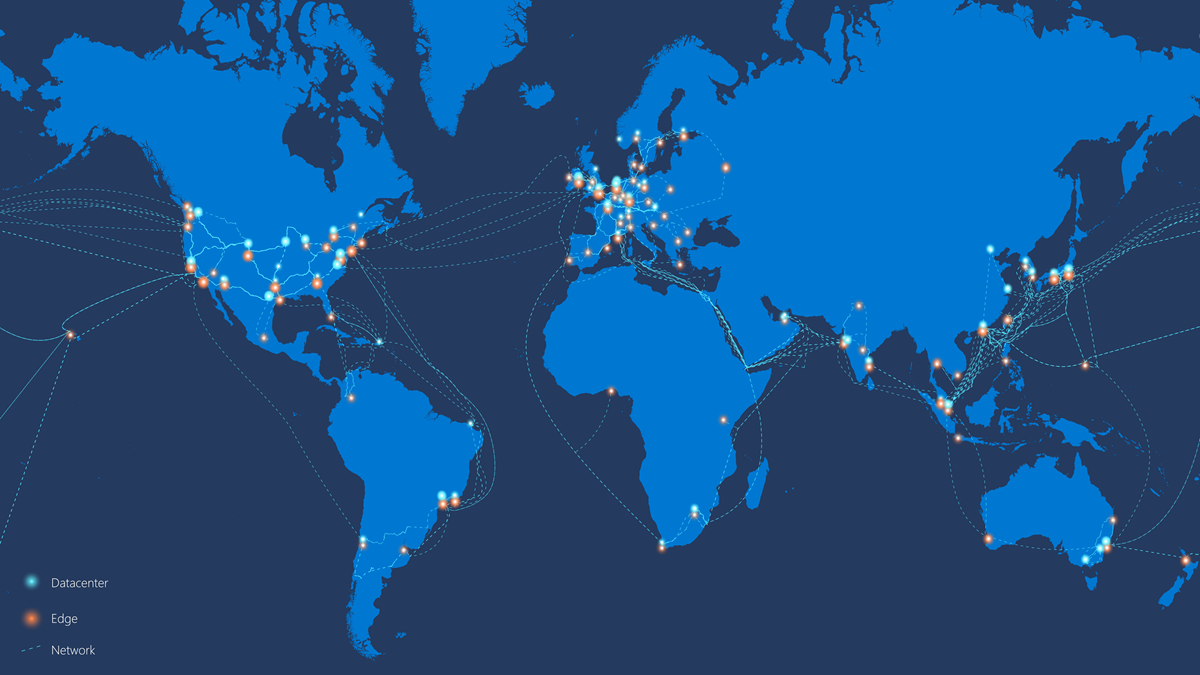 Diagram van het wereldwijde Microsoft-netwerk.