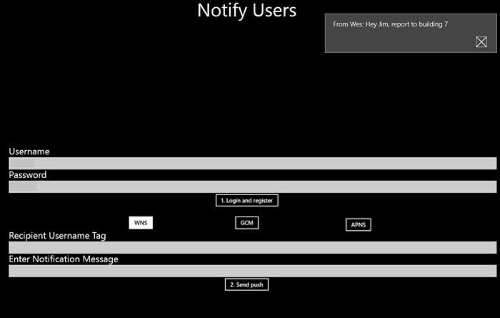 Schermopname van de Notification Hubs-toepassing met weergave van het bericht dat werd gepushed.