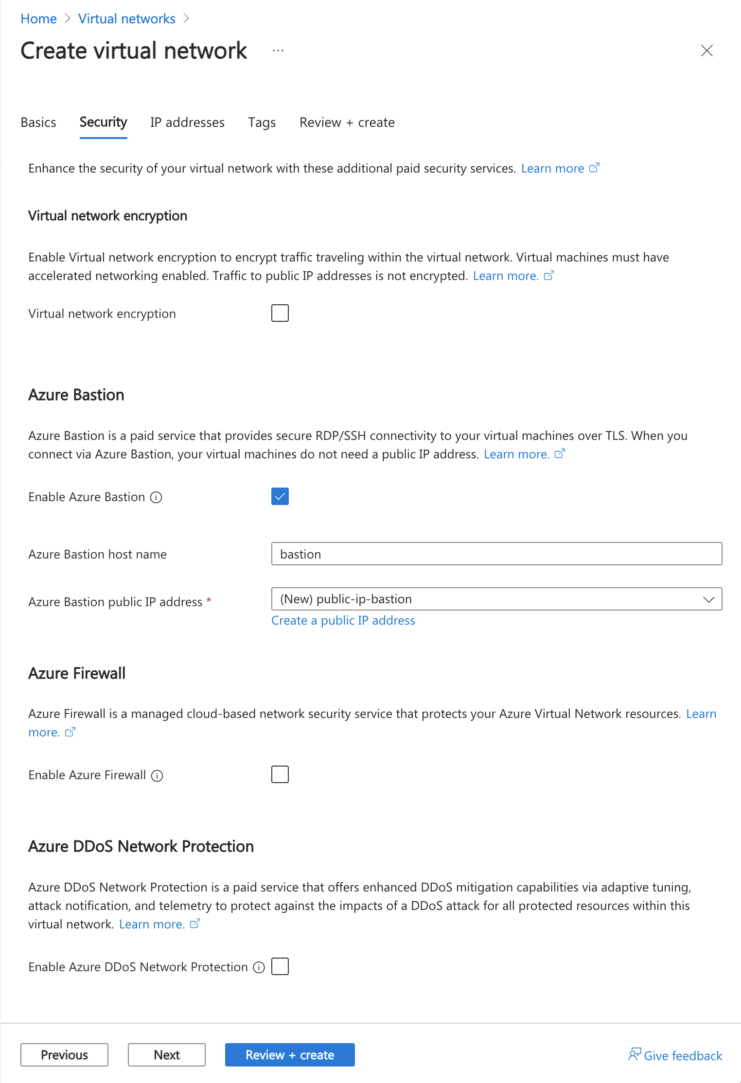 Schermopname van opties voor het inschakelen van een Azure Bastion-host als onderdeel van het maken van een virtueel netwerk in Azure Portal.