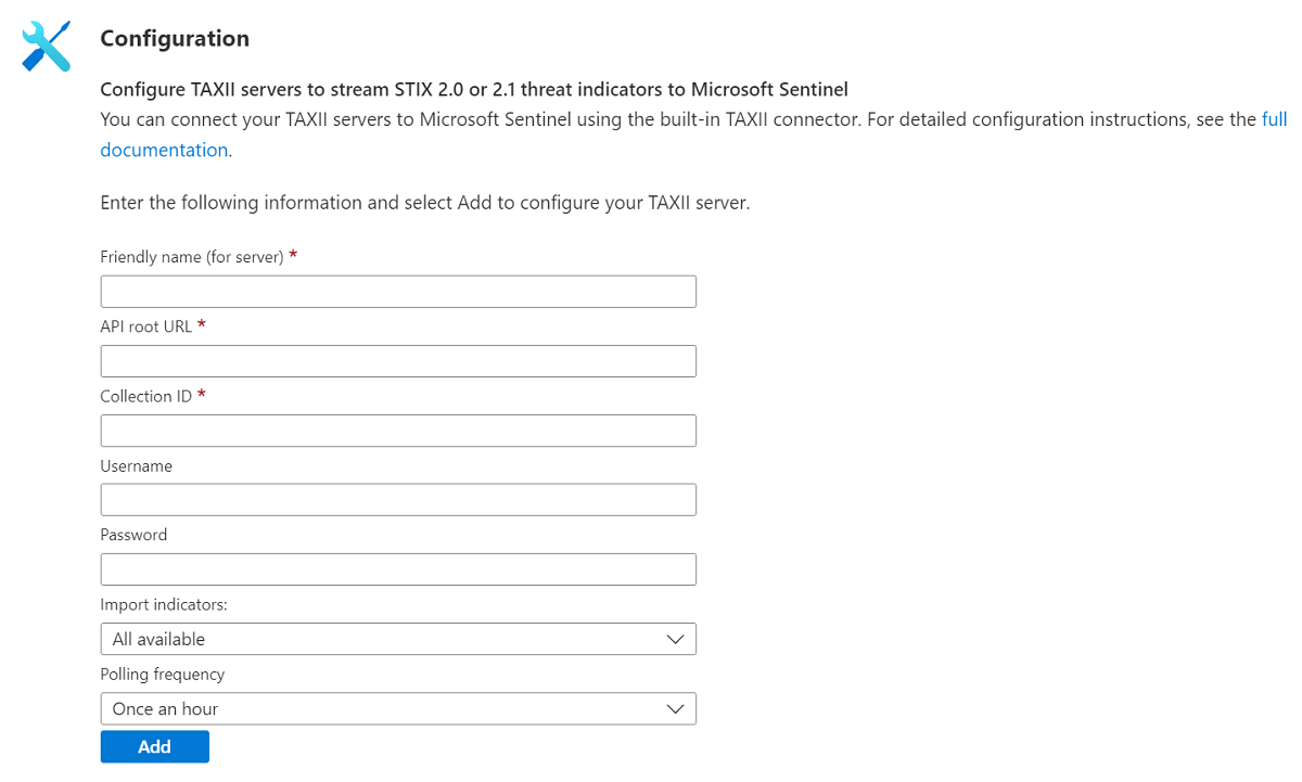 Schermopname van het configureren van TAXII-servers.