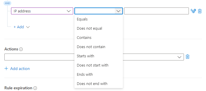 Schermopname van het selecteren van een voorwaardeoperator voor automatiseringsregels.