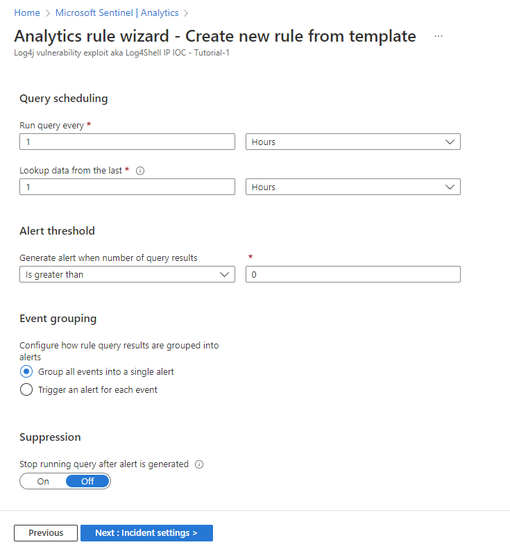 Schermopname van resterende regellogica-instellingen voor analyseregel.