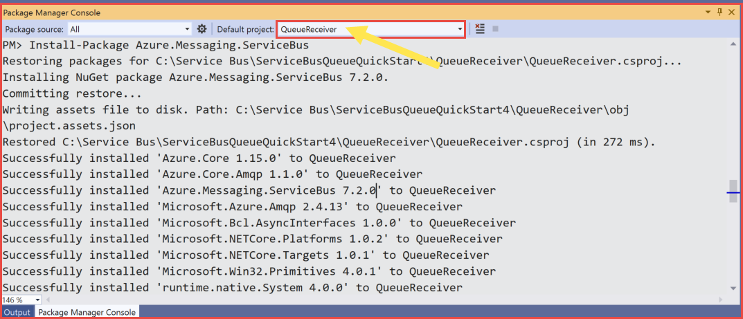 Schermopname van het QueueReceiver-project dat is geselecteerd in de Pakketbeheer Console.