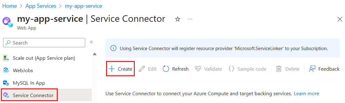 Schermopname van Azure Portal, serviceconnector selecteren en nieuwe verbinding maken.