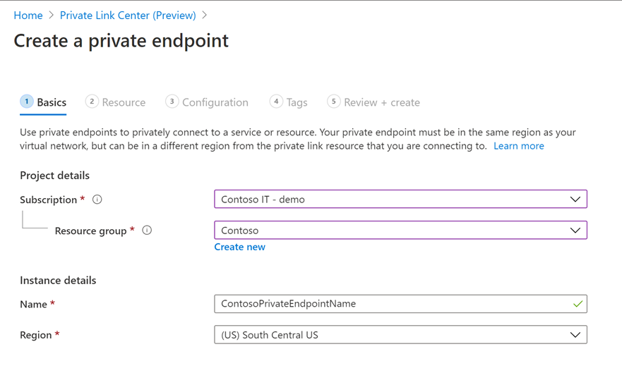 Toont het tabblad Basis, projectdetails, abonnement en andere gerelateerde velden voor het maken van een privé-eindpunt in Azure Portal.