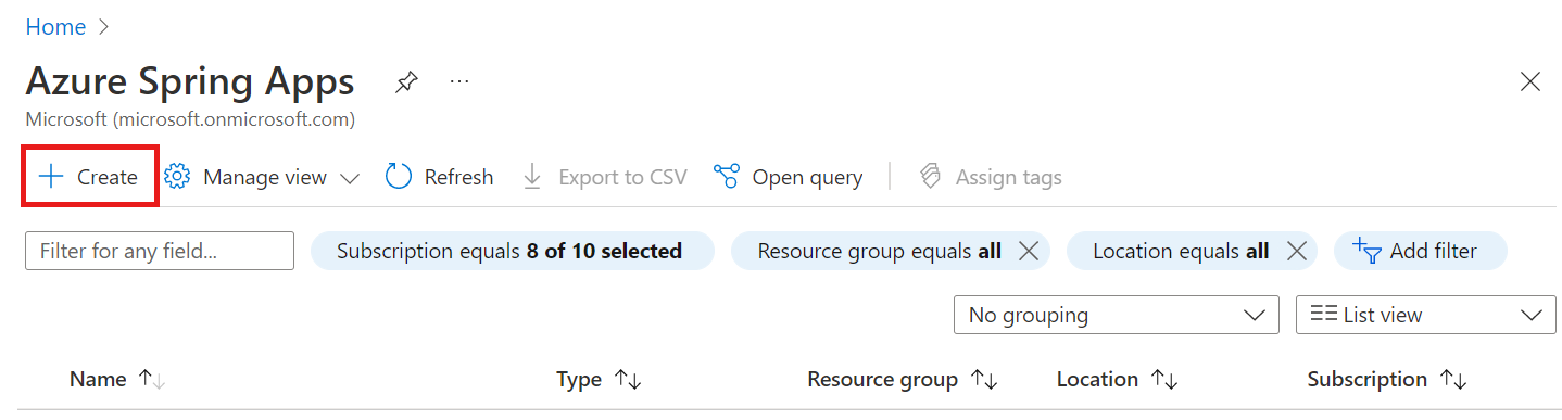 Schermopname van Azure Portal met azure Spring Apps-resource met de knop Maken gemarkeerd.