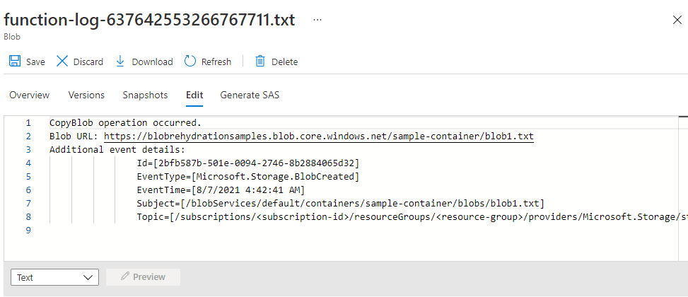 Schermopname van de inhoud van de logboekblob in Azure Portal