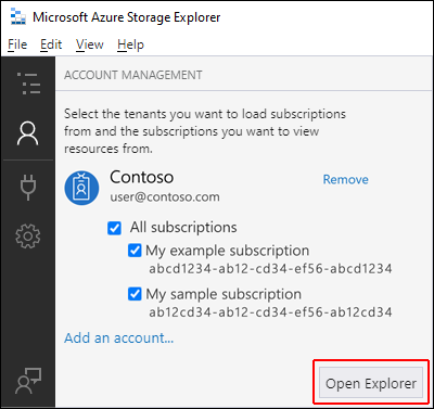 Schermopname van Microsoft Azure Storage Explorer en het deelvenster Accountbeheer en de knop Verkenner openen gemarkeerd.