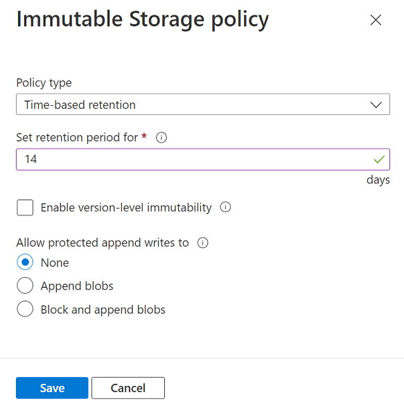 Schermopname die laat zien hoe u beleid voor onveranderbaarheid configureert dat is gericht op een container