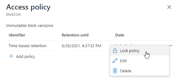Schermopname die laat zien hoe u een bewaarbeleid op basis van tijd vergrendelt in Azure Portal