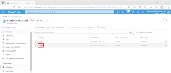 Afbeelding die laat zien waar de opslagcontainer van de website in Azure Portal