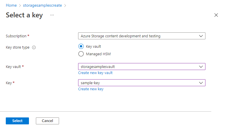 Schermopname die laat zien hoe u sleutelkluis en sleutel selecteert in Azure Portal.