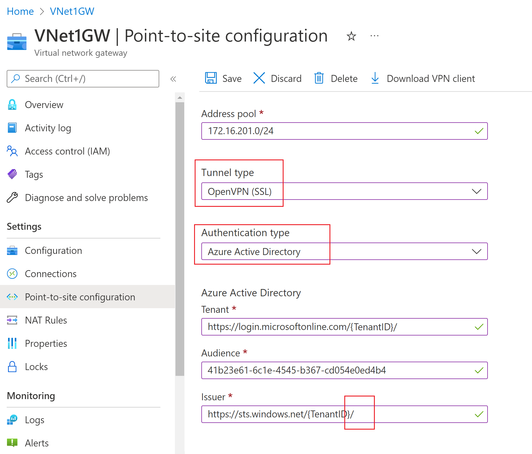 Schermopname met instellingen voor tunneltype, verificatietype en Microsoft Entra-instellingen.