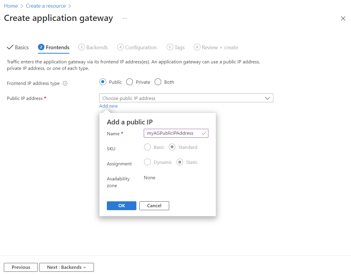 Schermopname van Nieuwe toepassingsgateway maken: Front-ends.