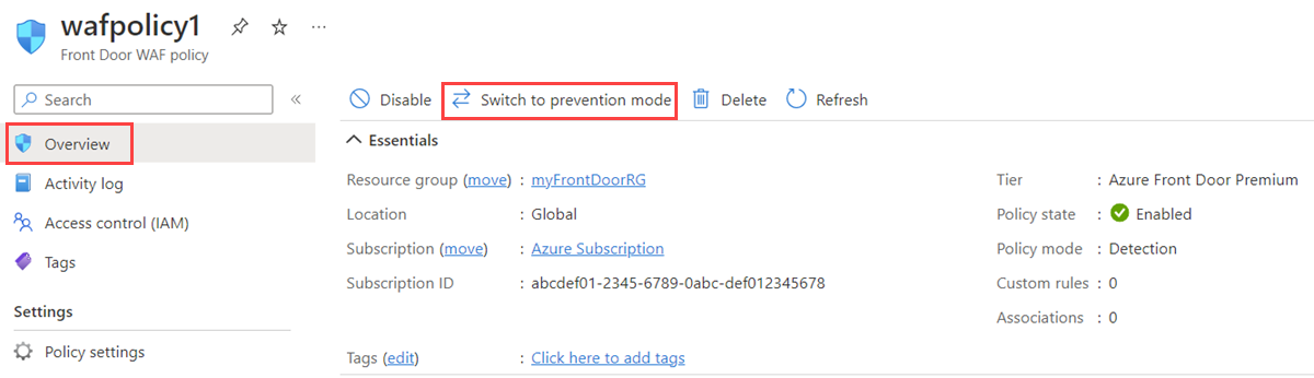 Schermopname van de overzichtspagina van het Azure Front Door WAF-beleid dat laat zien hoe u overschakelt naar de preventiemodus.