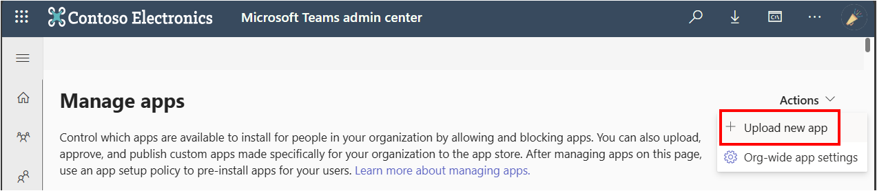 Screenshot showing the option for admins to upload a custom app from Teams admin center.