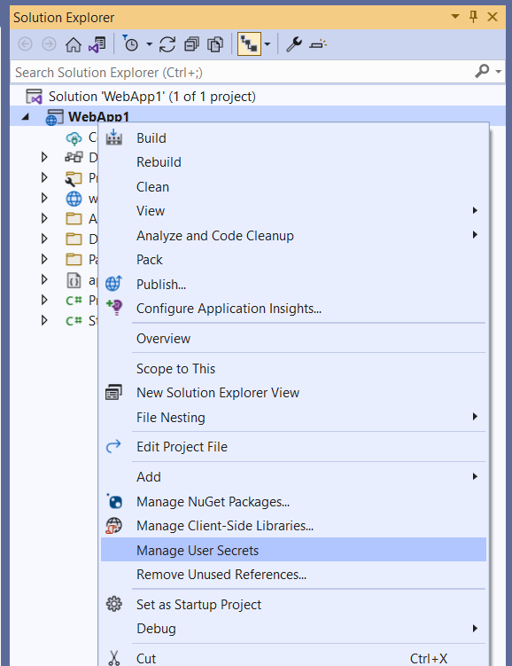 Visual Studio toont Beheer van gebruikersgeheimen