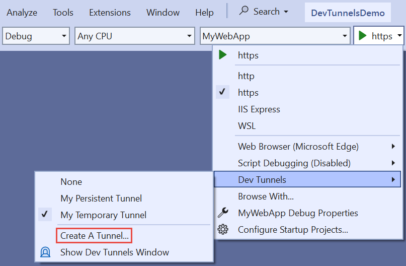 Debug dropdown showing dev tunnels option with Create tunnel selected