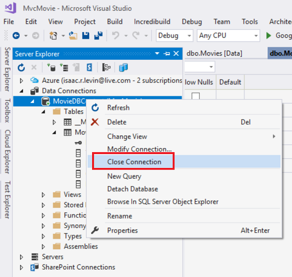 Screenshot that shows the Server Explorer window. The Movie D B Context right click menu is open. Close Connection is selected and circled in red.