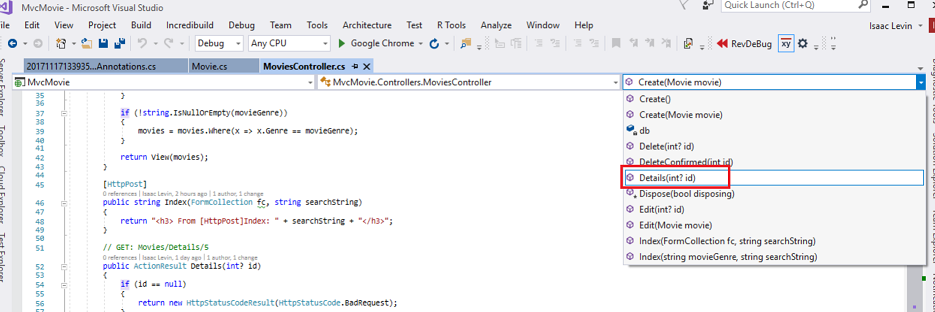 Screenshot that shows the Movies Controller dot c s tab. In the Create drop down menu, Details is circled in red.
