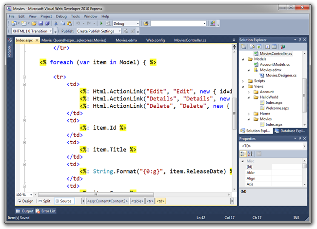 Movies - Microsoft Visual Web Developer 2010 Express