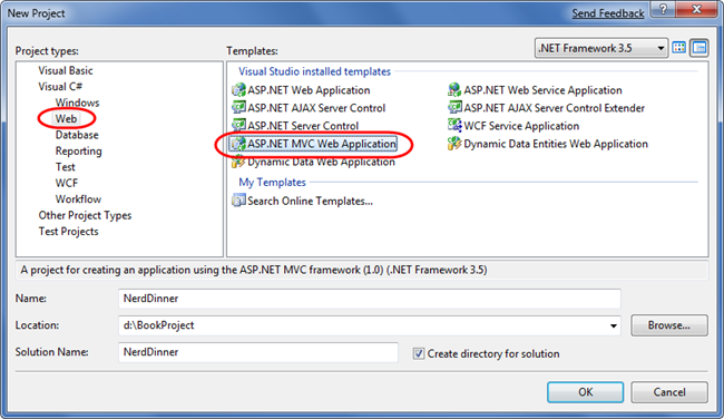 Screenshot of the New Project dialog. The Web node on the left hand side of the dialog is selected. A S P dot NET M V C Web Application is selected.