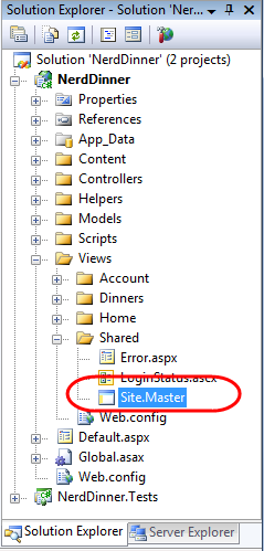 Screenshot of the Nerd Dinner navigation tree. Site Master is highlighted and selected.