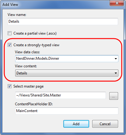 Screenshot of the Add View window with the View content dropdown set to Details and the View data class set to Nerd Dinner dot Models dot Dinner.