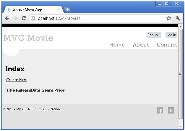 Screenshot that shows the M V C Movie Index page.