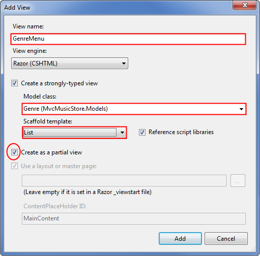 Screenshot of the controller actions menu used for creating the partial view that lists the genre menu.