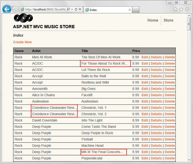 Screenshot of the album list with two long artist names and two long album names after the Truncate helper process highlighted in red rectangles.