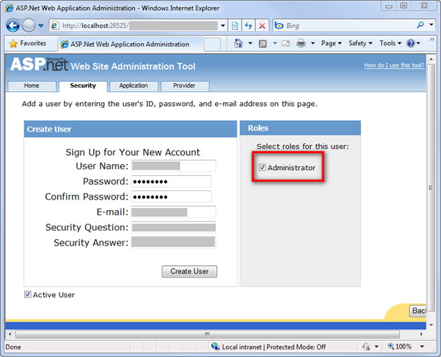 Screenshot of the configuration website showing the Roles section with the Administrator role checkbox ticked and highlighted with a red rectangle.