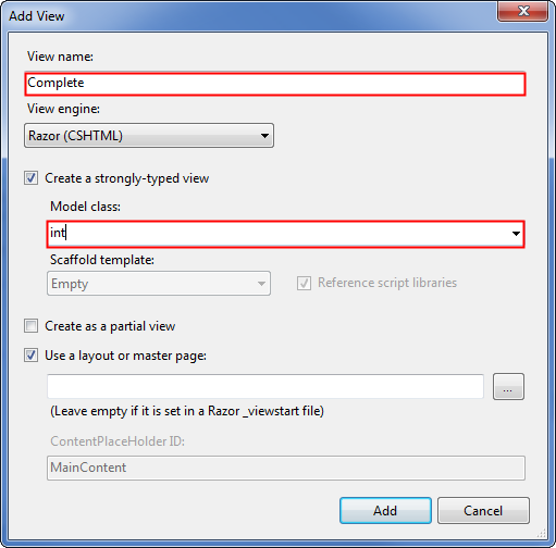 Screenshot of the Add View window with the View name field and the Model class dropdown highlighted in red rectangles.