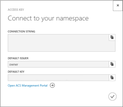 Screenshot that shows the Access Key Connect to your namespace dialog box.